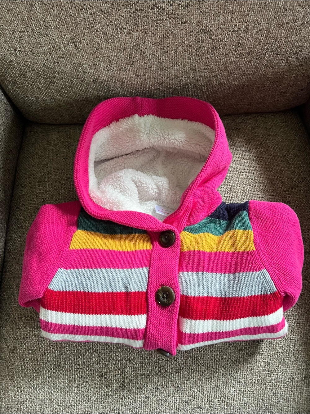 Hanna Andersson Hot Pink Hooded Knit Cardigan with Multicolor Stripes